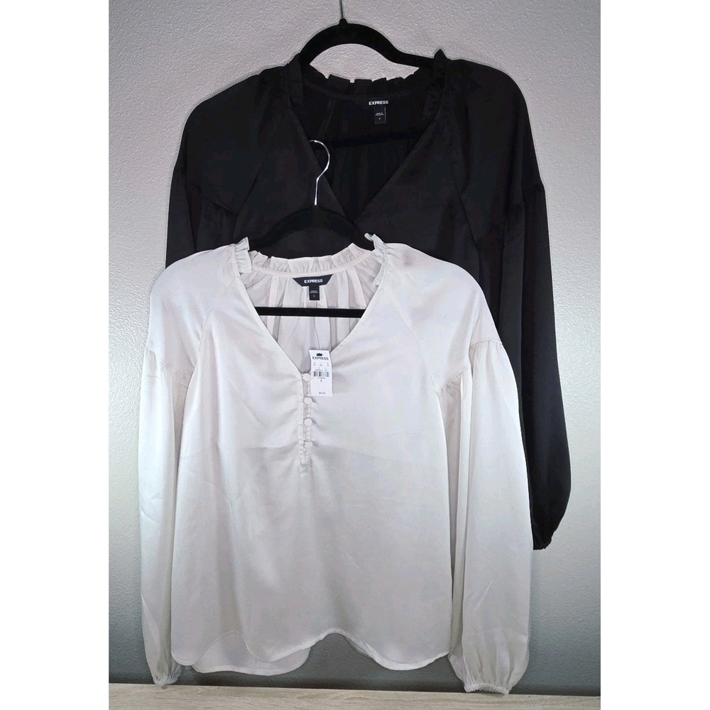 Express Satin‎ Blouse Bundle Size S Black & Cream Long Sleeve NWT + EUC